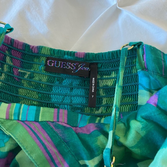 Guess Green & Purple Floral Tropical Mini Dress Stripe Smock V-Neck Sz 7 junior. - Picture 3 of 6